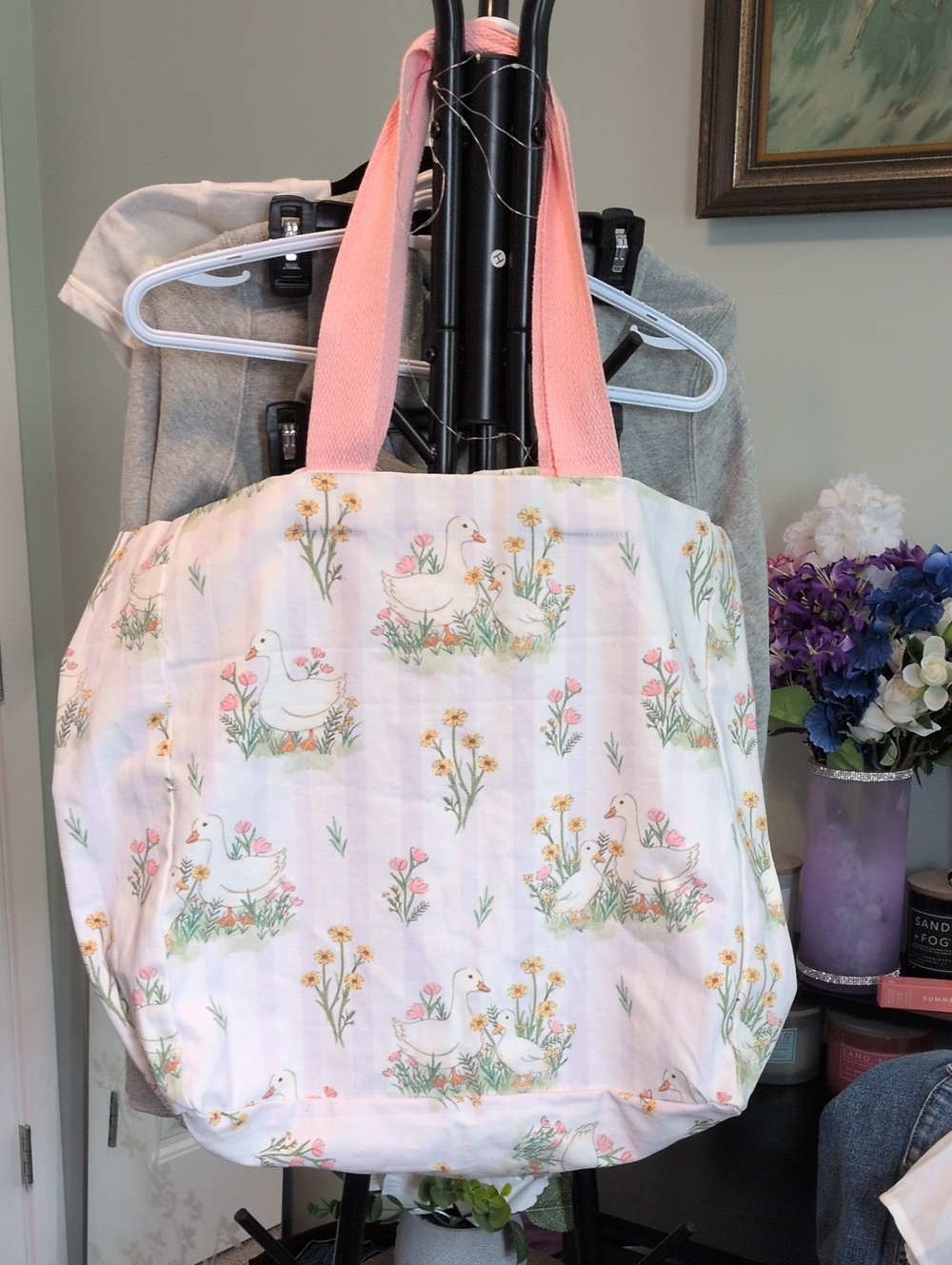 Pink Floral Duck Print Tote Bag
